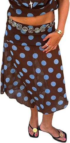Alyweatry Women Polka Dot Midi Skirt Y2k Low Waist Semi Sheer Asymmetrical Hem Summer Flowy Midi Skirt Going Out in Saudi Arabia