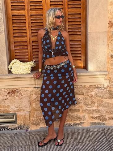 Alyweatry Women Polka Dot Midi Skirt Y2k Low Waist Semi Sheer Asymmetrical Hem Summer Flowy Midi Skirt Going Out in Saudi Arabia