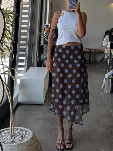Alyweatry Women Polka Dot Midi Skirt Y2k Low Waist Semi Sheer Asymmetrical Hem Summer Flowy Midi Skirt Going Out in Saudi Arabia