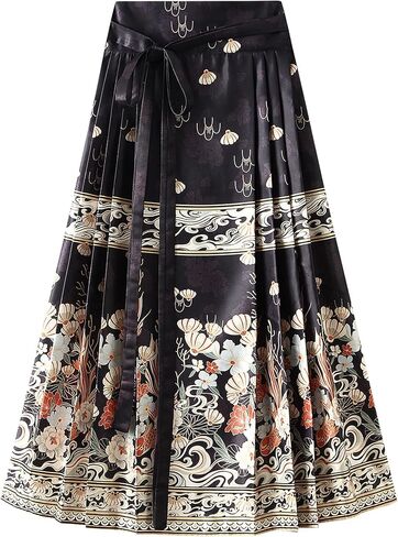 Women's Horse Face Skirt Flower Print Pleated Tie Up A-Line Long Skirt Chinese Style Ming Dynasty Hanfu Midi Skirt in Kuwait