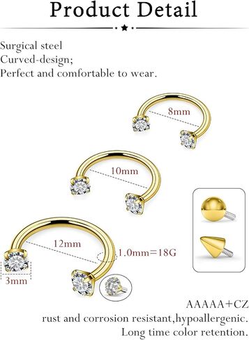 Oufksiyy 18G Horseshoe Nose Ring Surgical Steel Double Gem Stud Nose Ring Blck Gold Lip Rings Cubic Zirconia Daith Piercing Jewelry for Women Inner Diameter 8/10/12mm in Kuwait
