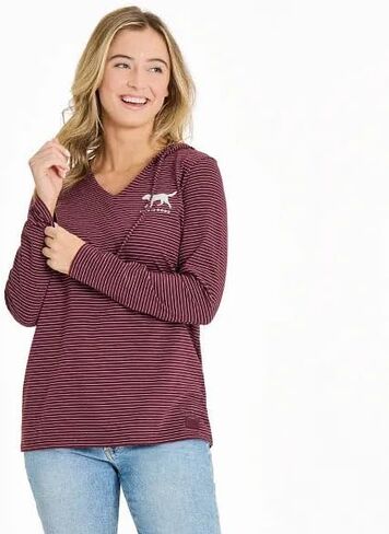Life is Good Women's Dog Walking Long Sleeve Striped Crusher-LITE Hooded Tee, Deep Burgundy in Saudi Arabia