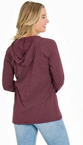 Life is Good Women's Dog Walking Long Sleeve Striped Crusher-LITE Hooded Tee, Deep Burgundy in Saudi Arabia