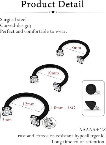 Oufksiyy 18G Horseshoe Nose Ring Surgical Steel Double Gem Stud Nose Ring Blck Gold Lip Rings Cubic Zirconia Daith Piercing Jewelry for Women Inner Diameter 8/10/12mm in Kuwait
