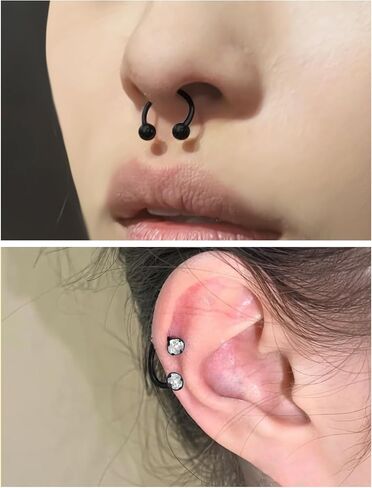 Oufksiyy 18G Horseshoe Nose Ring Surgical Steel Double Gem Stud Nose Ring Blck Gold Lip Rings Cubic Zirconia Daith Piercing Jewelry for Women Inner Diameter 8/10/12mm in Kuwait
