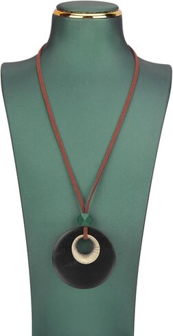 Vintage Leather Necklace for Women Men Handmade Boho Alloy Turquoise Wood Choker Pendant Necklaces with Long Adjustable Leather Cord in Saudi Arabia