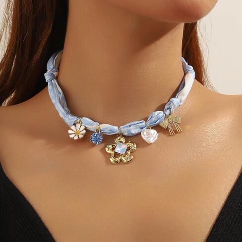Scarf Necklaces with Charm for Women Boho Bandana Necklaces Vintage Scarf Pendant Necklace Adjustable Tie Statement Choker Necklace Halloween Christmas Jewelry Gift for Women in Saudi Arabia