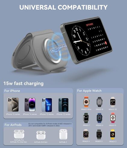 3 in 1 Wireless Charging Station, Magnetic Wireless Charger, Foldable Charger 3 in 1, Travel Charger for iPhone 15/14/13/12 Series, AirPods Pro/3/2, iWatch 2-9/Ultra (Adapter Included) in Saudi Arabia