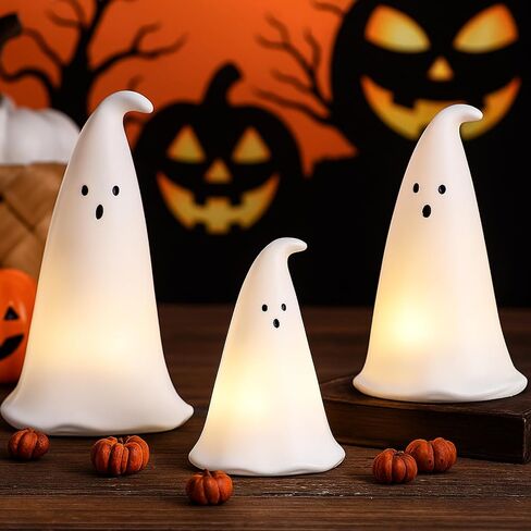 Halloween Resin Ghost Figurine with 3 LED Tea Lights, Ghost Candle Holder Set of 3, Spooky Tabletop Indoor Halloween Light up Decor for Holiday Party, White Hollow Spooky Sculptures in Saudi Arabia