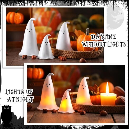 Halloween Resin Ghost Figurine with 3 LED Tea Lights, Ghost Candle Holder Set of 3, Spooky Tabletop Indoor Halloween Light up Decor for Holiday Party, White Hollow Spooky Sculptures in Saudi Arabia