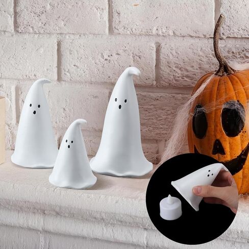 Halloween Resin Ghost Figurine with 3 LED Tea Lights, Ghost Candle Holder Set of 3, Spooky Tabletop Indoor Halloween Light up Decor for Holiday Party, White Hollow Spooky Sculptures in Saudi Arabia