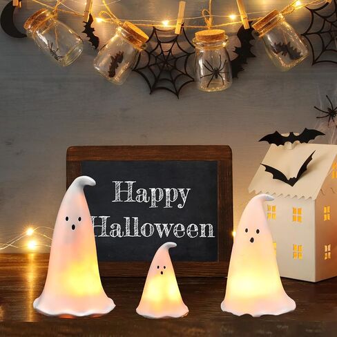 Halloween Resin Ghost Figurine with 3 LED Tea Lights, Ghost Candle Holder Set of 3, Spooky Tabletop Indoor Halloween Light up Decor for Holiday Party, White Hollow Spooky Sculptures in Saudi Arabia