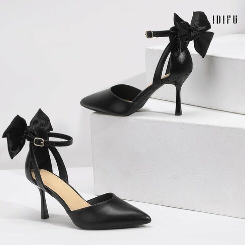 IDIFU IN3 Womens Closed Toe Heels Pointed Toe Kitten Low Pumps Stiletto Removable Bow Ankle Strap Dress Shoes for Women Wedding Bride Party Prom Heels Dressy Comfortable Formal Pumps Shoes in Saudi Arabia
