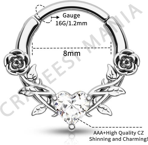 CM Crareesi Mania Rose Septum Ring - 316L Surgical Steel Septum & Helix Piercing Jewelry - 16Gauge Silver, 8mm Daith Earrings in Saudi Arabia