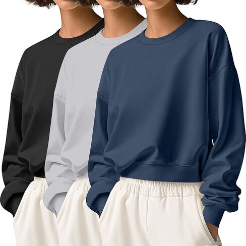 Ficerd 3 حزمة بلوزات نسائية قصيرة الأكمام القطن طاقم الرقبة البلوز القمم عادية الصلبة قمصان ثقيلة in Kuwait