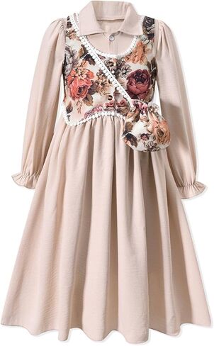 Girls Renaissance Dress Elegant Medieval Dresses Long Sleeve Floral Vest Vintage Dress with Bag in Saudi Arabia