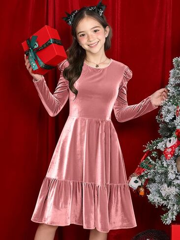 Girls Christmas Dress Velvet Fall Winter Ruffled Crew Neck Long Sleeve A-line Party Outfits Dresses in Kuwait