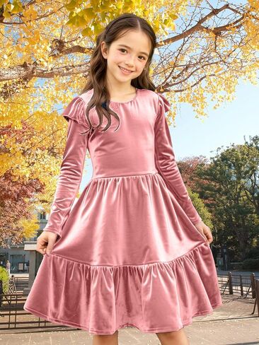Girls Christmas Dress Velvet Fall Winter Ruffled Crew Neck Long Sleeve A-line Party Outfits Dresses in Kuwait