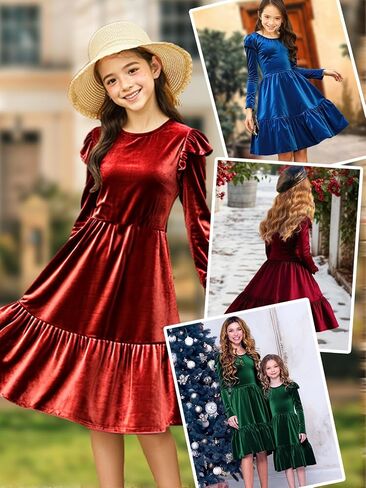 Girls Christmas Dress Velvet Fall Winter Ruffled Crew Neck Long Sleeve A-line Party Outfits Dresses in Kuwait