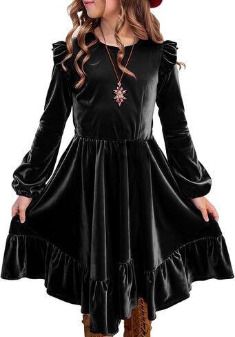 Girls Christmas Dress Velvet Fall Winter Ruffled Crew Neck Long Sleeve A-line Party Outfits Dresses in Kuwait