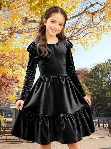 Girls Christmas Dress Velvet Fall Winter Ruffled Crew Neck Long Sleeve A-line Party Outfits Dresses in Kuwait