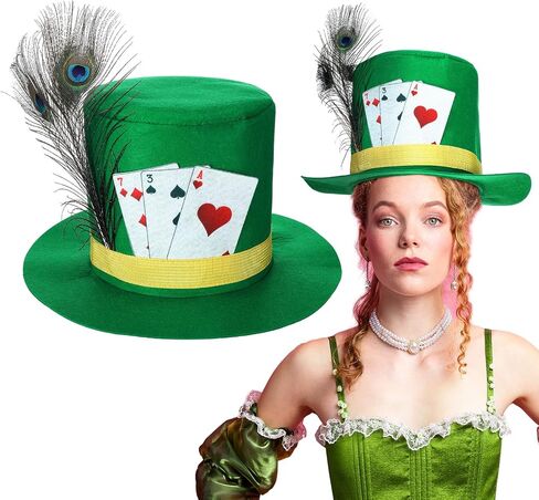 Halloween Costume Hat with Feather and Ribbon Poker Card Green Costume Accessories Novelty Hats One Size for Adults Men Women in Saudi Arabia