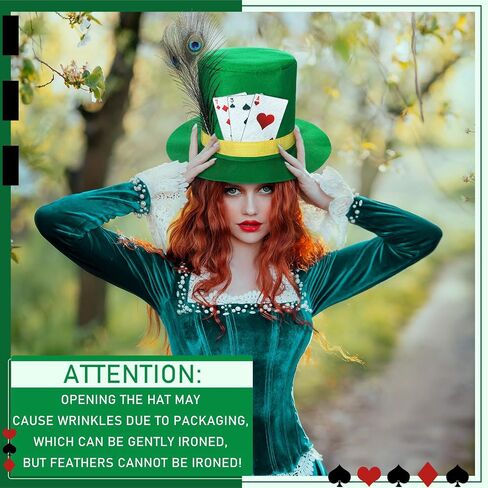 Halloween Costume Hat with Feather and Ribbon Poker Card Green Costume Accessories Novelty Hats One Size for Adults Men Women in Saudi Arabia