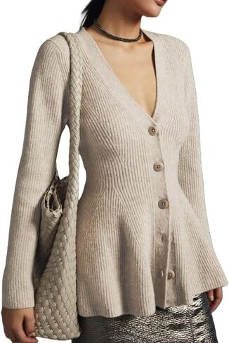 Womens Button Down Peplum Sweater Cardigan Long Sleeve Slim Fit V Neck Lightweight Ribbed Knit Top in Saudi Arabia