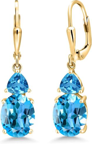 Gem Stone King 18K Yellow Gold Plated Silver Swiss Blue Topaz Dangle Earrings For Women (7.56 Cttw, Gemstone November Birthstone, Oval 10X8MM, Trillion 5MM) in Saudi Arabia