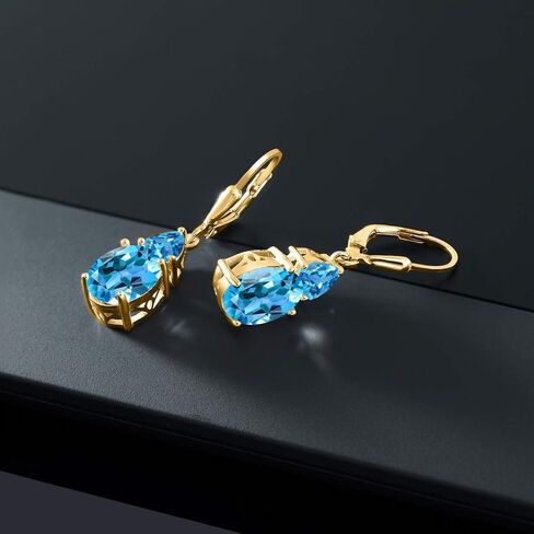 Gem Stone King 18K Yellow Gold Plated Silver Swiss Blue Topaz Dangle Earrings For Women (7.56 Cttw, Gemstone November Birthstone, Oval 10X8MM, Trillion 5MM) in Saudi Arabia