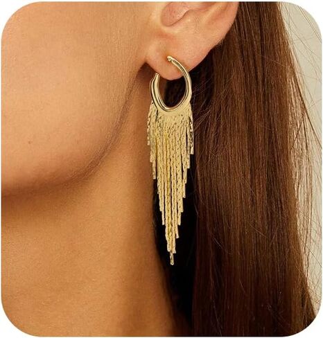 Gold Dangle Earrings for Women, 14K Threader Long Chain Drop Earrings Dangling Dainty Elegant Ear Chain with Tassel and Cubic Zirconia for Wedding Trendy Jewelry Gifts in Saudi Arabia