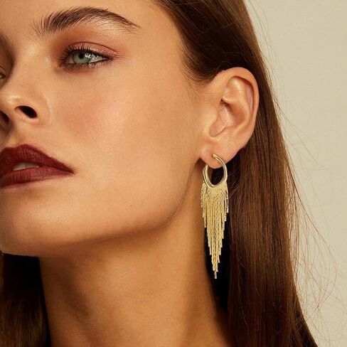 Gold Dangle Earrings for Women, 14K Threader Long Chain Drop Earrings Dangling Dainty Elegant Ear Chain with Tassel and Cubic Zirconia for Wedding Trendy Jewelry Gifts in Saudi Arabia