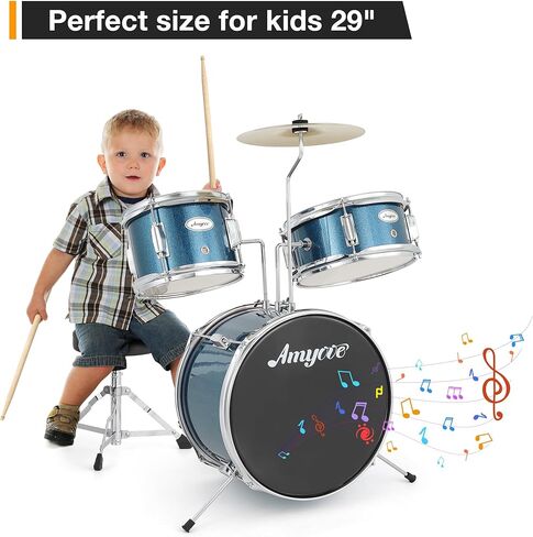 Drum Set, 3 Piece Junior Drum Set with with Cymbal, Tom, Bass Drum, Drumsticks, Bass Pedal and Drum Stool, Beginner Musical Instruments,Black in Kuwait