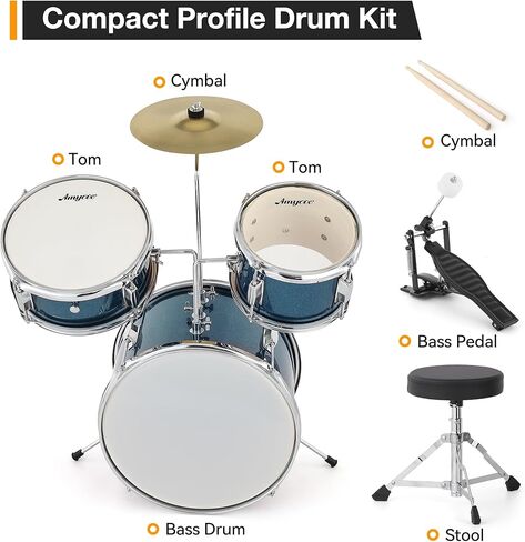 Drum Set, 3 Piece Junior Drum Set with with Cymbal, Tom, Bass Drum, Drumsticks, Bass Pedal and Drum Stool, Beginner Musical Instruments,Black in Kuwait