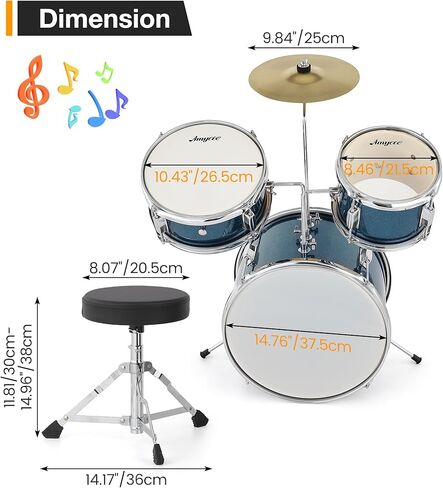 Drum Set, 3 Piece Junior Drum Set with with Cymbal, Tom, Bass Drum, Drumsticks, Bass Pedal and Drum Stool, Beginner Musical Instruments,Black in Kuwait