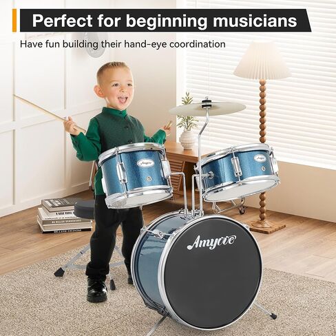 Drum Set, 3 Piece Junior Drum Set with with Cymbal, Tom, Bass Drum, Drumsticks, Bass Pedal and Drum Stool, Beginner Musical Instruments,Black in Kuwait