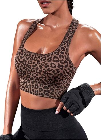 OYOANGLE Sports Bra for Women Leopard Print Wireless Racer Back Athletic Workout Bras Square Neck Workout Gym Tops in Saudi Arabia