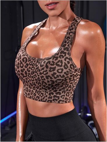 OYOANGLE Sports Bra for Women Leopard Print Wireless Racer Back Athletic Workout Bras Square Neck Workout Gym Tops in Saudi Arabia