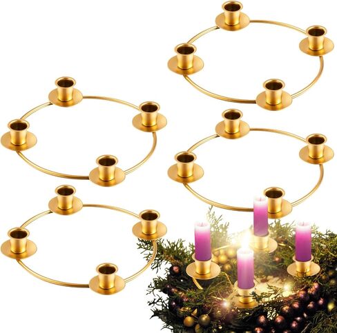 6 Pieces Christmas Advent Wreath Ring Advent Ring Candle Holder Gold Candle Wreaths Rings Xmas Metal Wrought Iron Candlestick Taper Metal Candle Holder for Christmas Advent Home Table Decorations in Kuwait
