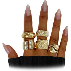 5Pcs Gold Square Knuckle Rings for Women,Chunky Rhinestone Hammered Stackable Rings,Thick Rings Set Vintage Jewelry in Kuwait