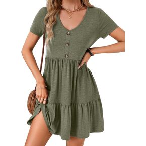 Rooscier Women's V Neck Short Sleeve Ruffle Tiered A Line Swing Casual Mini Dress Sundress in Saudi Arabia