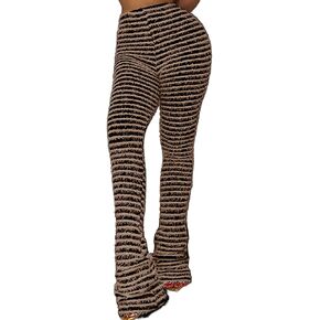 Stacked Fuzzy Pants for Women-Fringe Tassel Black and White Knit Striped Flare Sweatpants in Saudi Arabia