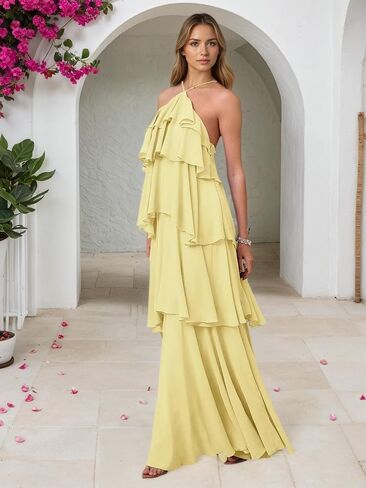 Fanciest Halterneck Chiffon Bridesmaid Dresses Long 2025 Tiered Formal Evening Gowns in Saudi Arabia