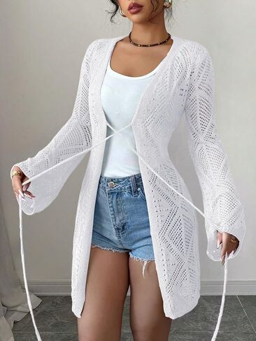 Elitechoice المرأة الصيف الكروشيه بقماش شفاف الشاطئ التستر مفتوحة الجبهة فضفاضة سترة متماسكة البلوزات لملابس السباحة ملابس علوية غير رسمية in Kuwait