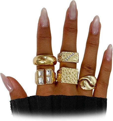 5Pcs Gold Square Knuckle Rings for Women,Chunky Rhinestone Hammered Stackable Rings,Thick Rings Set Vintage Jewelry in Saudi Arabia