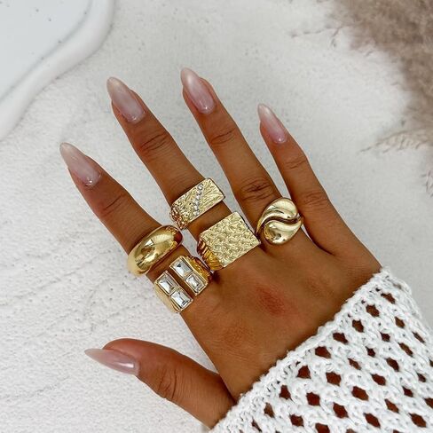 5Pcs Gold Square Knuckle Rings for Women,Chunky Rhinestone Hammered Stackable Rings,Thick Rings Set Vintage Jewelry in Saudi Arabia