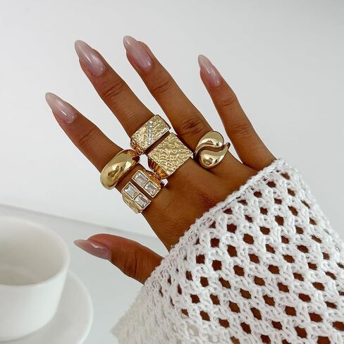 5Pcs Gold Square Knuckle Rings for Women,Chunky Rhinestone Hammered Stackable Rings,Thick Rings Set Vintage Jewelry in Saudi Arabia