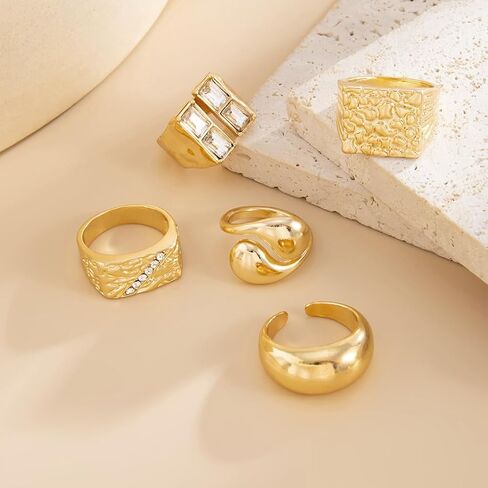 5Pcs Gold Square Knuckle Rings for Women,Chunky Rhinestone Hammered Stackable Rings,Thick Rings Set Vintage Jewelry in Saudi Arabia