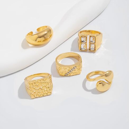 5Pcs Gold Square Knuckle Rings for Women,Chunky Rhinestone Hammered Stackable Rings,Thick Rings Set Vintage Jewelry in Saudi Arabia