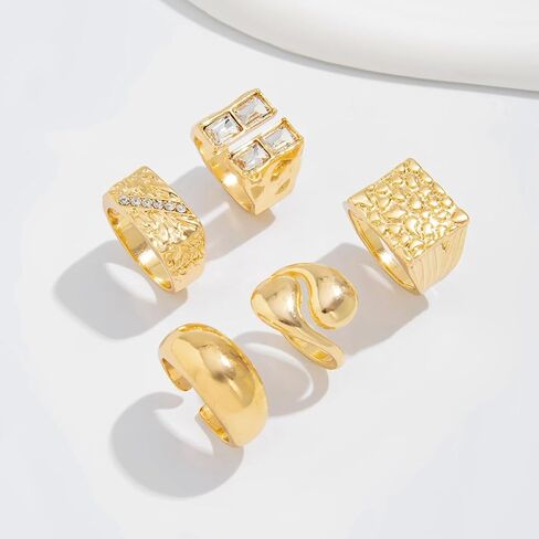 5Pcs Gold Square Knuckle Rings for Women,Chunky Rhinestone Hammered Stackable Rings,Thick Rings Set Vintage Jewelry in Saudi Arabia